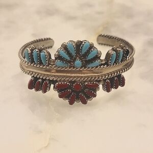Signed Navajo Dewey Janette DJ Sterling Native Zuni Turquoise Coral Bracelet VTG